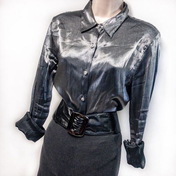 Silver Mercury Button Down Blouse Diamond Buttons Sz L - Picture 3 of 7